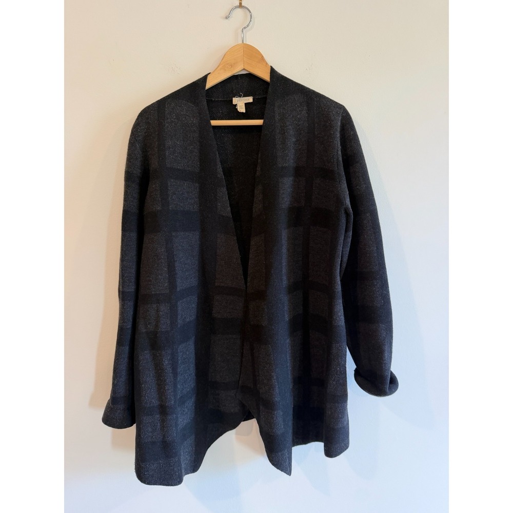 Eileen Fisher Gray Merino Wool Knit Open Front Long Sleeve Cardigan Sweater M